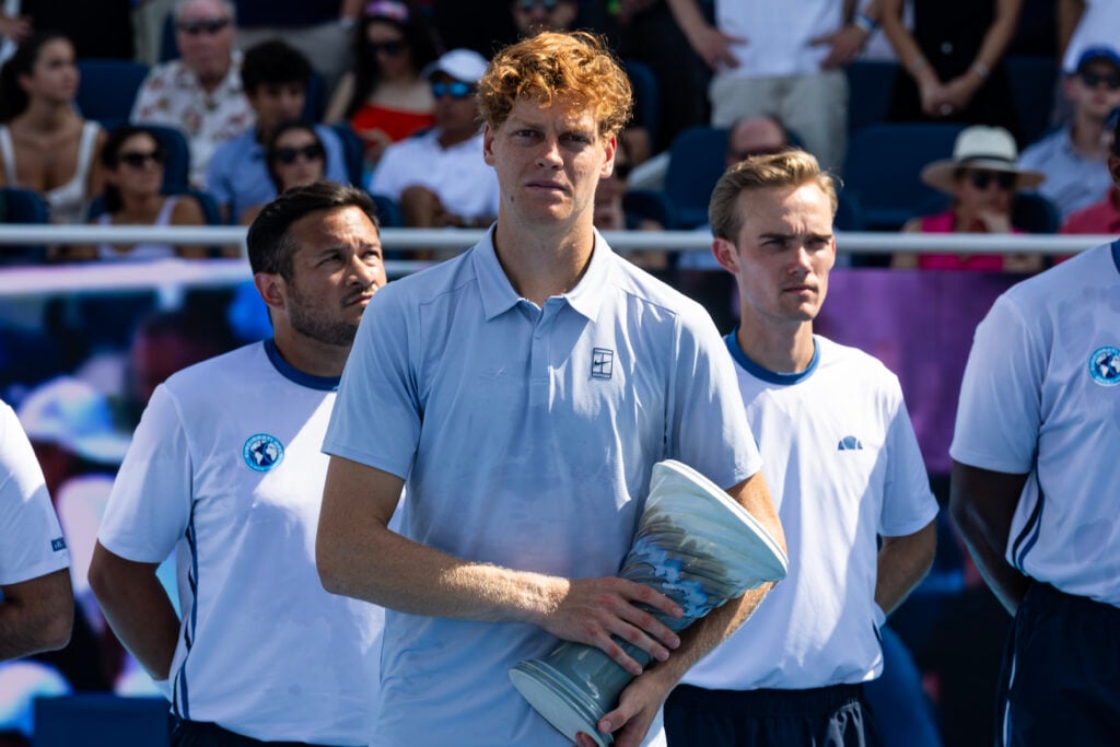 Jannik Sinner of Italy poses with the runner-up trophy after retiring during the final of the men's singles against Carlos Alcaraz of Spain at the Cincinnati Open at the Lindner Family Tennis Center on August 18, 2025 in Mason, Ohio.