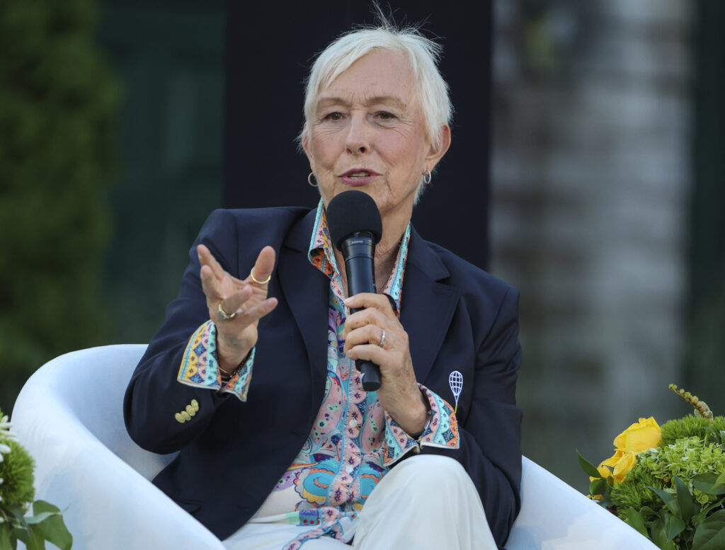 Martina Navratilova speaks during the International Tennis Hall of Fame induction ceremony for the Class of 2025 at the International Tennis Hall of Fame on August 23, 2025.