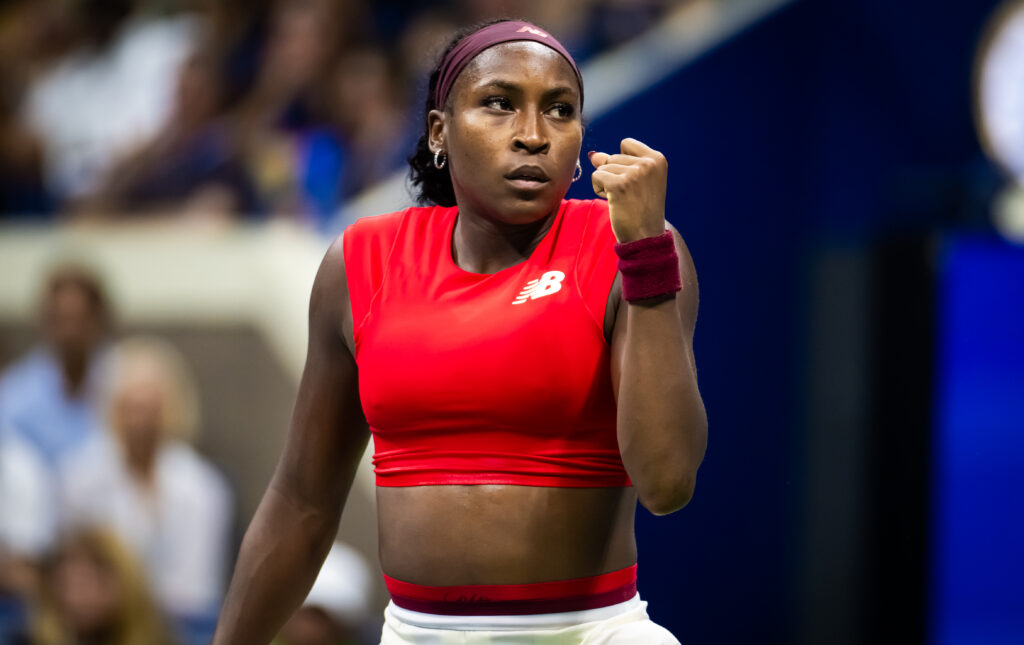 Coco Gauff of the United States in action against Ajla Tomljanovic of Australia in the first round on Day 3 of the US Open at USTA Billie Jean King National Tennis Center on August 26, 2025 in New York City