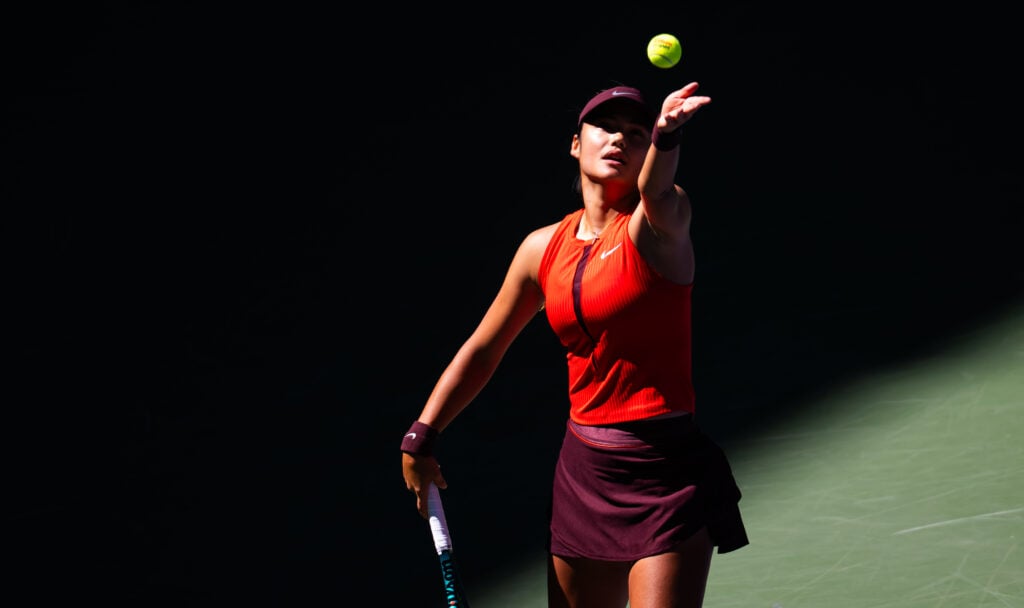 Emma Raducanu of Great Britain in action against Janice Then of Indonesia in the second round on Day 4 of the US Open at USTA Billie Jean King National Tennis Center on August 27, 2025 in New York City