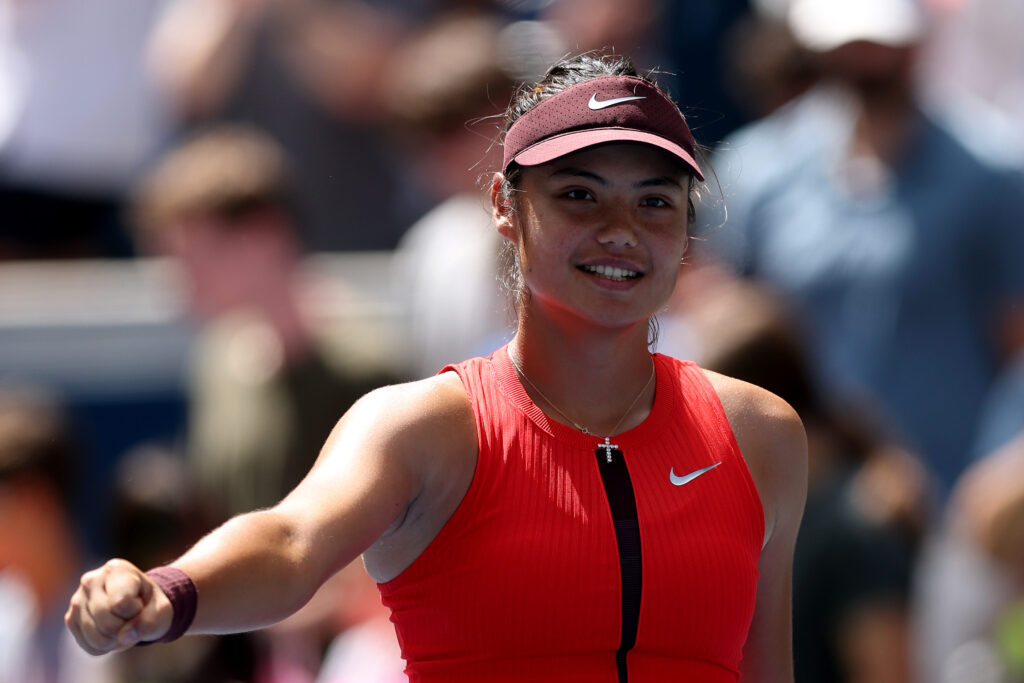 Emma Raducanu of Great Britain celebrates match point against Ena Shibahara of Japan during their Women's Singles First Round match on Day One of the 2025 US Open at USTA Billie Jean King National Tennis Center on August 24, 2025 in the Flushing neighborhood of the Queens borough of New York City.