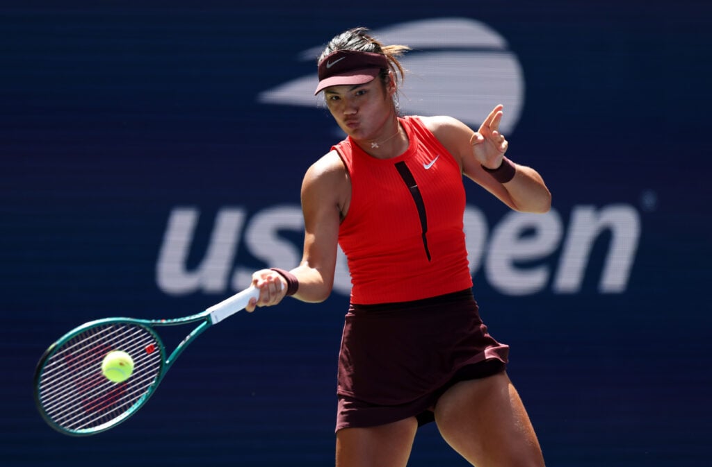 Emma Raducanu of Great Britain plays a forehand against Ena Shibahara of Japan during their Women's Singles First Round match on Day One of the 2025 US Open at USTA Billie Jean King National Tennis Center on August 24, 2025 in the Flushing neighborhood of the Queens borough of New York City.