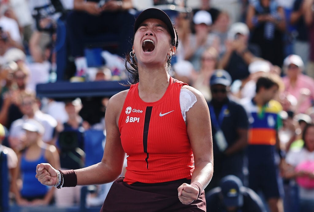 Alexandra Eala of the Philippines celebrates match point against Clara Tauson of Denmark (not pictured) during their Women's Singles First Round match on Day One of the 2025 US Open at USTA Billie Jean King National Tennis Center on August 24, 2025 in the Flushing neighborhood of the Queens borough of New York City.
