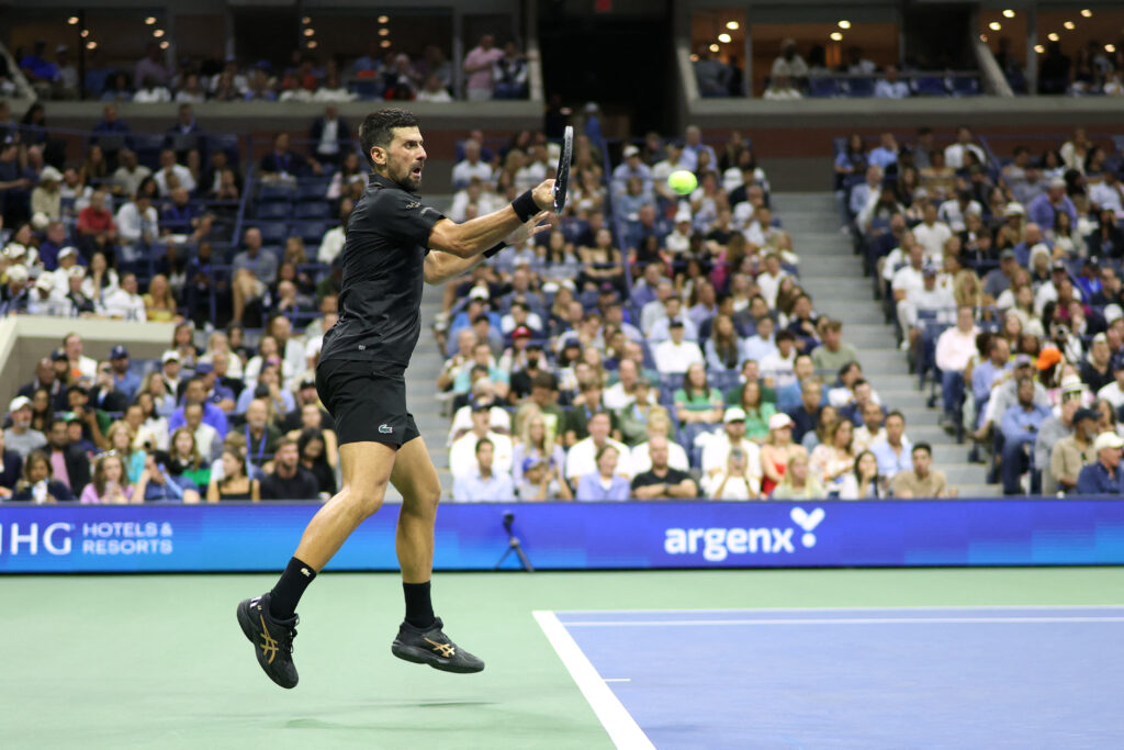 Novak Djokovic hits a forehand