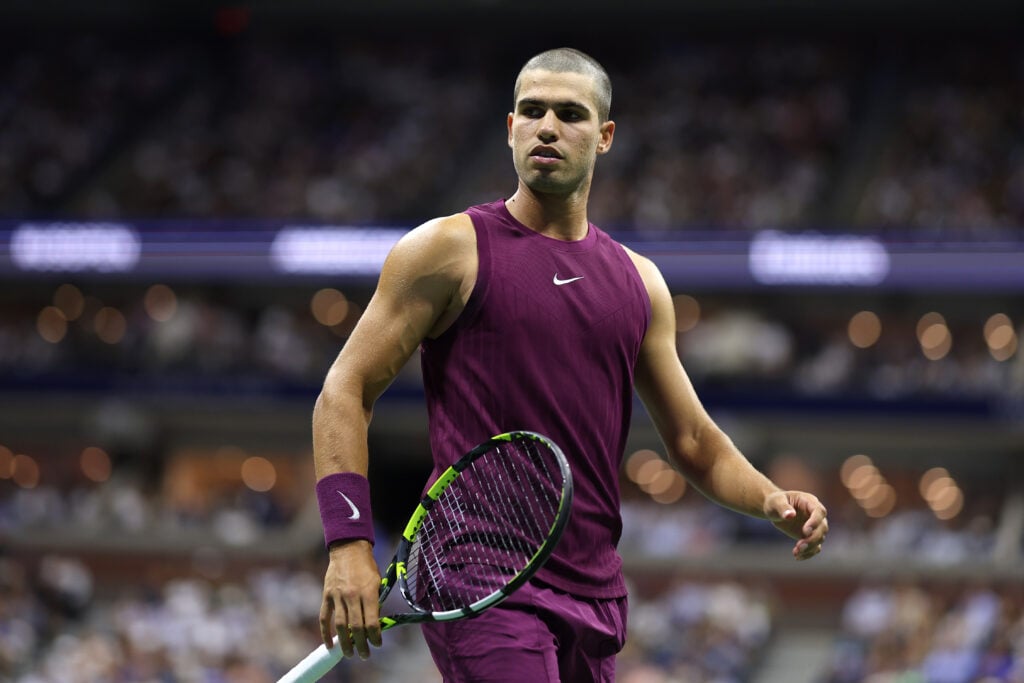 Carlos Alcaraz of Spain reacts against Reilly Opelka of the United States during their Men's Singles First Round match on Day Two of the 2025 US Open at USTA Billie Jean King National Tennis Center on August 25, 2025 in the Flushing neighborhood of the Queens borough of New York City.
