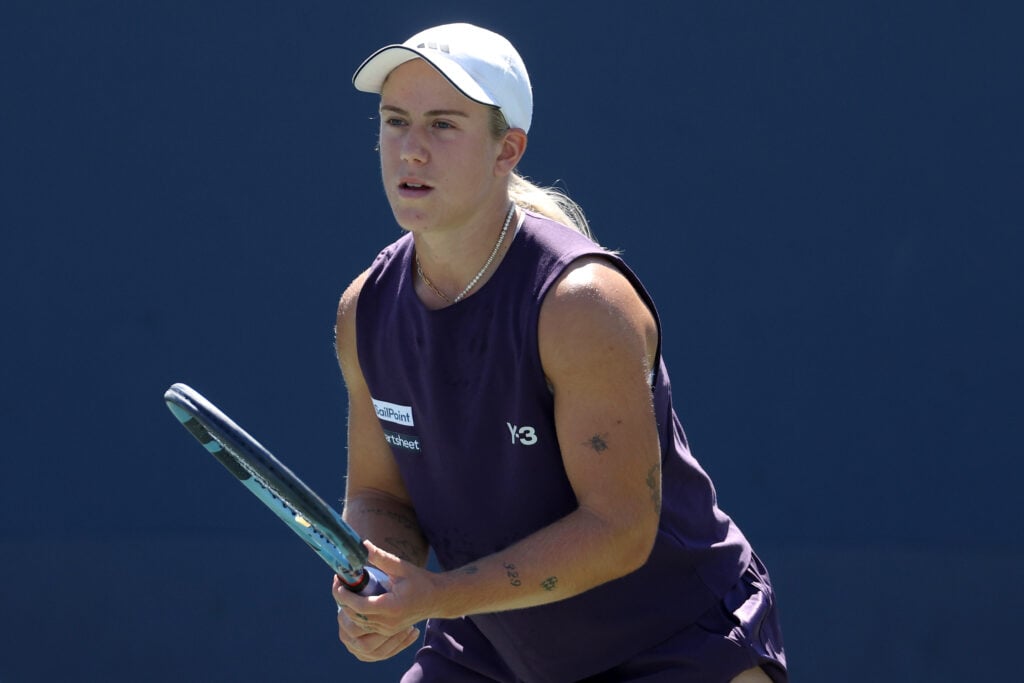 Sonay Kartal of Great Britain looks on against Beatriz Haddad Maia of Brazil during their Women's Singles First Round match on Day Three of the 2025 US Open at USTA Billie Jean King National Tennis Center on August 26, 2025 in the Flushing neighborhood of the Queens borough of New York City.
