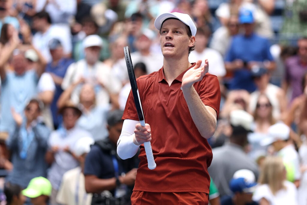 Jannik Sinner of Italy celebrates match point against Vit Kopriva of Czechia during their Men's Singles First Round match on Day Three of the 2025 US Open at USTA Billie Jean King National Tennis Center on August 26, 2025 in the Flushing neighborhood of the Queens borough of New York City.