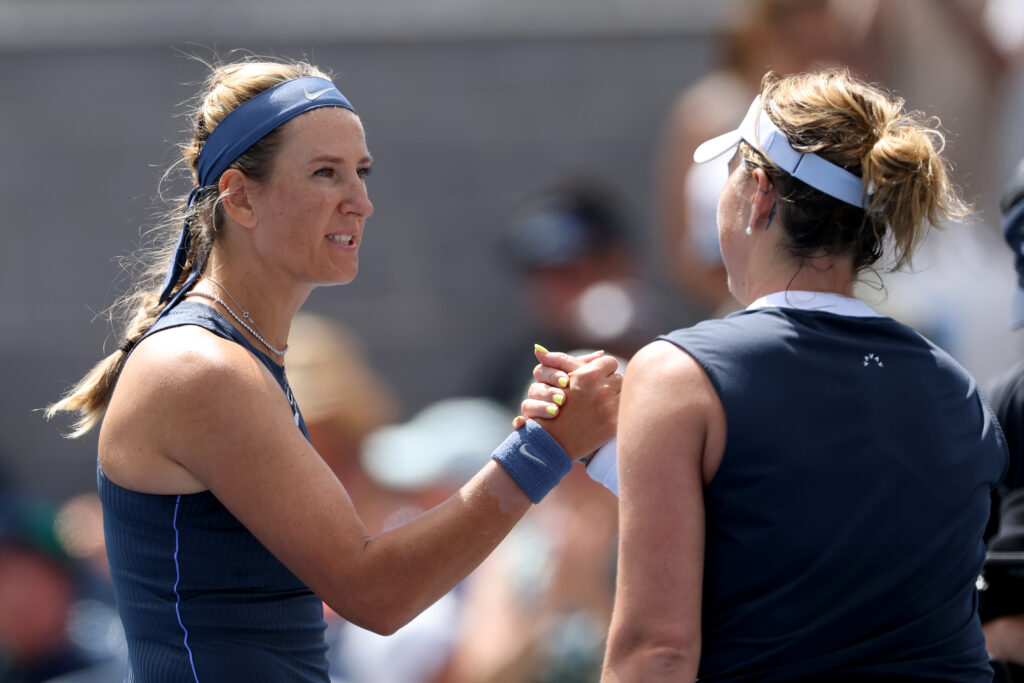 Victoria Azarenka shakes hands after defeating Anastasia Pavlyuchenkova during their Women's Singles Second Round match on Day Four of the 2025 US Open at USTA Billie Jean King National Tennis Center on August 27, 2025 in the Flushing neighborhood of the Queens borough of New York City.