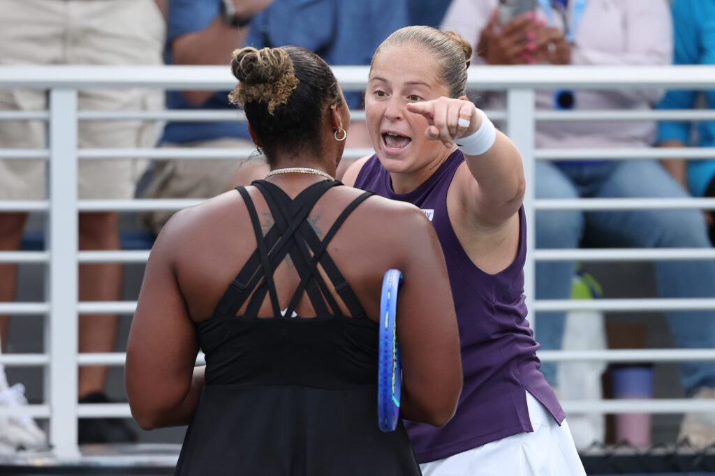Jelena Ostapenko of Latvia (R) argues with Taylor Townsend of the United States (L) following their Women's Singles Second Round match on Day Four of the 2025 US Open at USTA Billie Jean King National Tennis Center on August 27, 2025 in the Flushing neighborhood of the Queens borough of New York City.