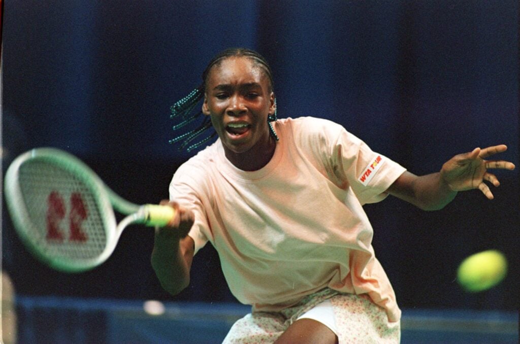 VENUS WILLIAMS, 14, OF THE USA IN ACTION TONIGHT DURING HER PROFESSIONAL DEBUT AT THE BANK OF THE WEST CLASSIC IN OAKLAND, CALIFORNIA. WILLIAMS PLAYED SHAUN STAFFORD OF THE USA, RANKED #59 IN THE WORLD.