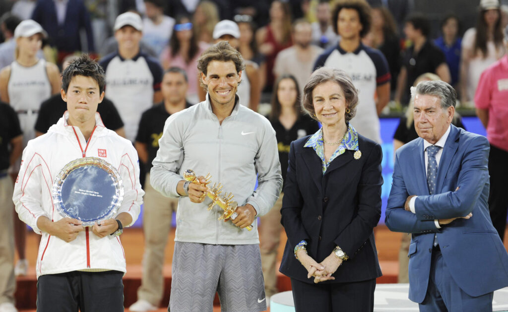 Kei Nishikori of Japan, Rafael Nadal, Queen Sofia of Spain and Manolo Santana attend Mutua Madrid Open at La Caja Magica on May 11, 2014 in Madrid, Spain.
