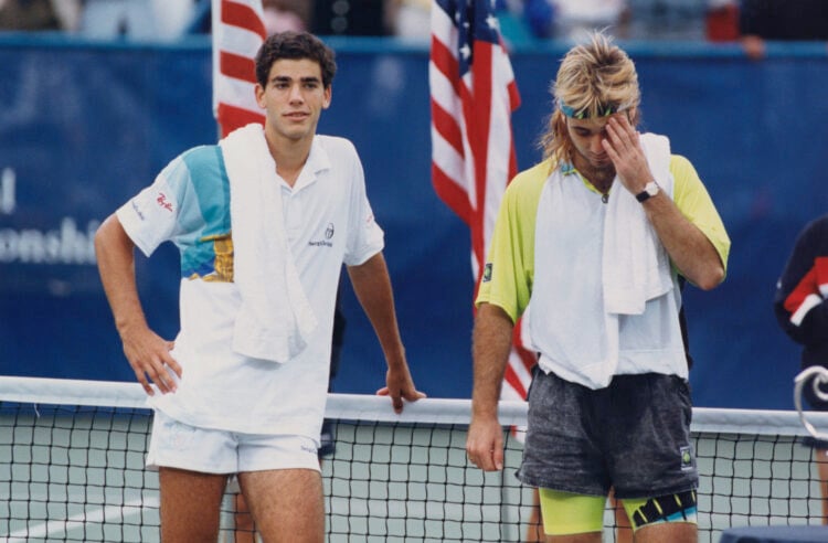 (Original Caption) New York: Both Pete Sampras and Andre Agassi wait their turn to be introduced during the award ceremony of the U.S. Open. Sampra...