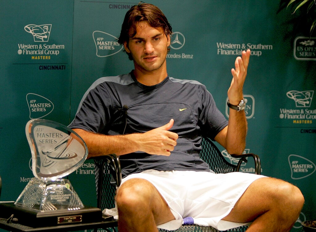 Roger Federer of Switzerland fields questions from the media after his win over Andy Roddick during the final of the Western & Southern Financial Group Masters on August 21, 2005 at the Lindner Family Tennis Center in Mason, Ohio. Federer defeated Roddick 6-3, 7-5.