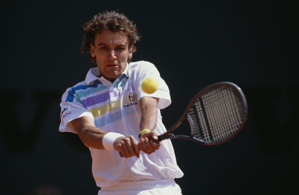 Mats Wilander of Sweden makes a double hand return during his Men's Singles Semi Final match against Alberto Mancini at the Monte Carlo Open Tennis Championship on 28 April 1989 at the Monte Carlo Country Club in Roquebrune-Cap-Martin, France, near Monte Carlo, Monaco.