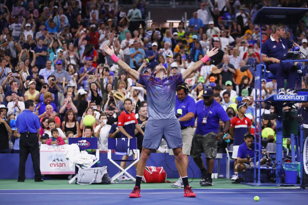 Juan Martin del Potro of Argentina celebrates after defeating Dominic Thiem of Austria in their fourth round Men's Singles match on Day Eight of the 2017 US Open