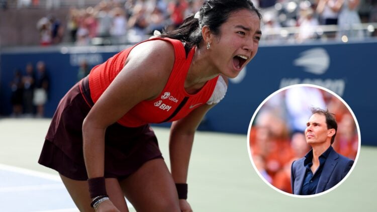 Main: Alexandra Eala celebrates. Inset bottom right: Rafael Nadal looks on.
