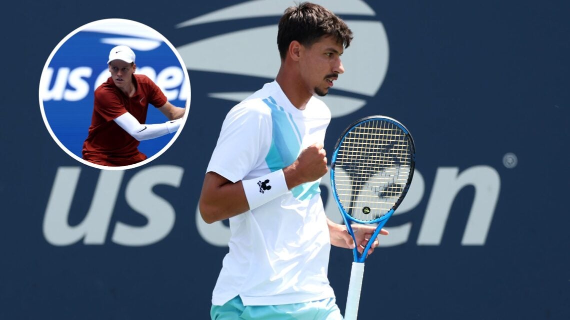 Main: Alexei Popyrin fist pumps in celebration. Inset top left: Jannik Sinner prepares to hit a backhand.