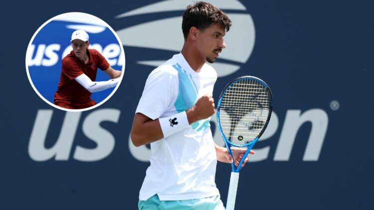 Main: Alexei Popyrin fist pumps in celebration. Inset top left: Jannik Sinner prepares to hit a backhand.