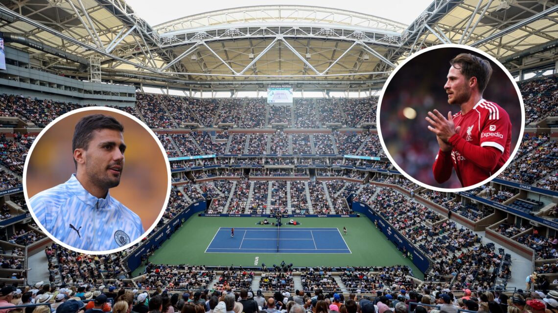 Main: An overhead shot of Arthur Ashe stadium at the 2024 US Open. Inset: Rodri Rodri on the Molineux pitch ahead of Wolverhampton Wanderers v Manc...