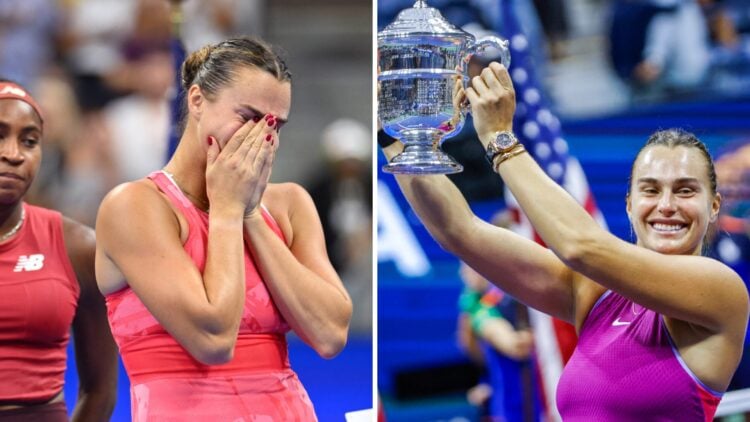 Aryna Sabalenka (left) covers her face and Aryna Sabalenka (right) lifts the US Open trophy