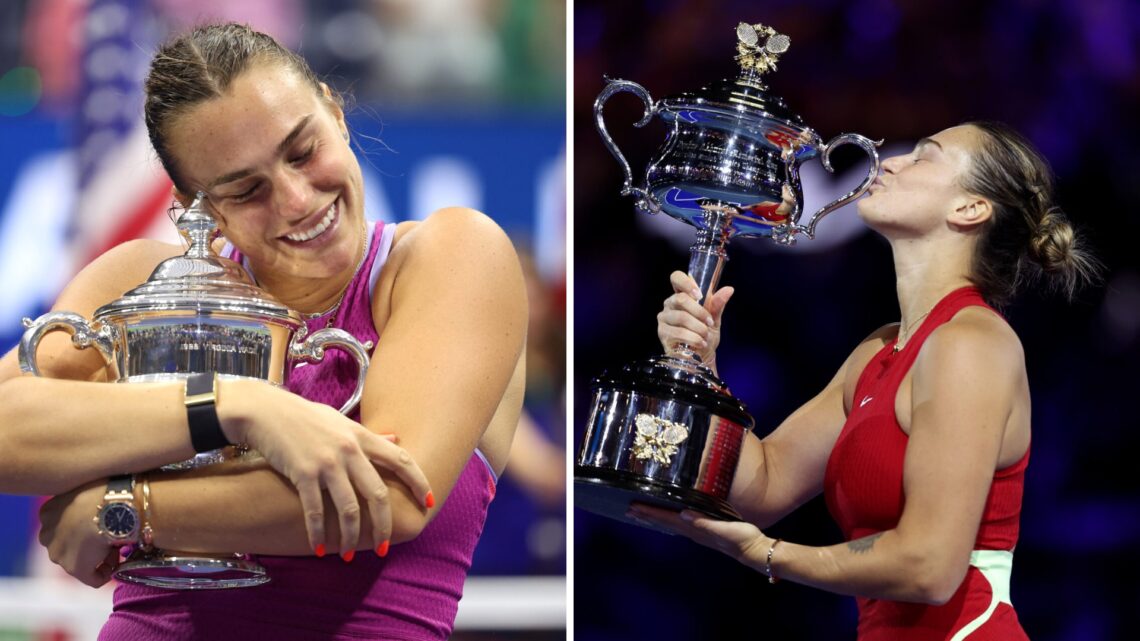 Main left: Aryna Sabalenka hugs the US Open Women's Singles trophy. Main right: Aryna Sabalenka kisses the Australian Open Women's Singles trophy.