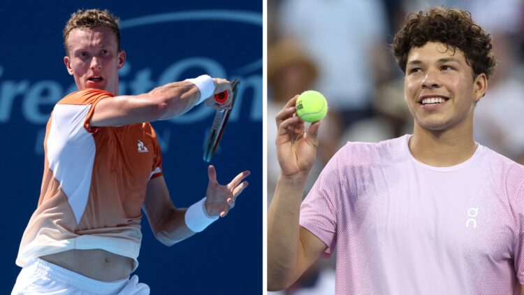 Left image: Jiri Lehecka hits a forehand at the Cincinnati Open. Right image: Ben Shelton hits balls into the crowd after winning a match at the Ci...