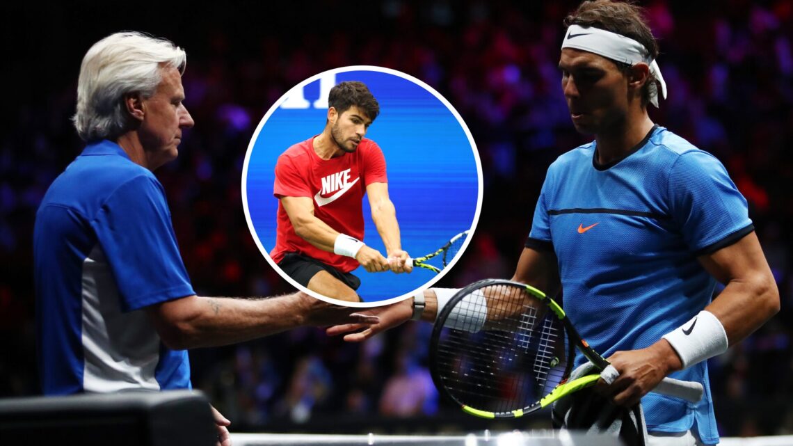 Main: Rafael Nadal and Bjorn Borg react at the 2017 Laver Cup. Inset: Carlos Alcaraz hits a backhand while training for the 2025 US Open