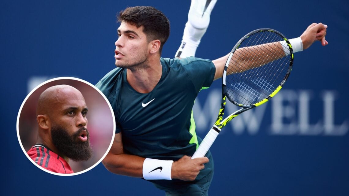 Main: Carlos Alcaraz serves at. Inset: Bryan Mbuemo