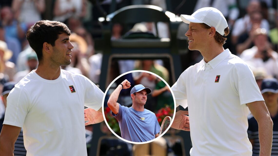 Carlos Alcaraz (left) and Jannik Sinner (right) meet at the net, Tommy Paul in a circle overlay (middle) raises his fist