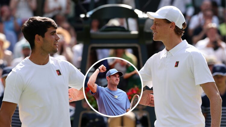 Carlos Alcaraz (left) and Jannik Sinner (right) meet at the net, Tommy Paul in a circle overlay (middle) raises his fist