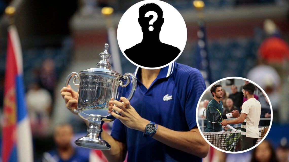 Carlos Alcaraz and Lorenzo Musetti shake hands in a circle overlay (bottom right), Mystery player holds the US Open trophy (Middle)