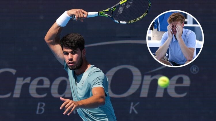 Main: Carlos Alcaraz hits a forehand. Inset top right: Jannik Sinner puts his head in his hands.