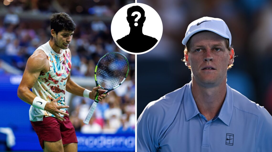 Main left: Carlos Alcaraz vocalises his frustrations. Main right: Jannik Sinner looks on. Inset top middle: Mystery Overlay.