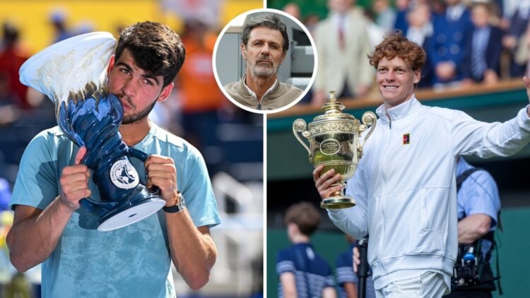 Main left: Carlos Alcaraz kisses the Cincinnati Open Men's Singles Trophy. Main right: Jannik Sinner waves to the crowd while holding the Wimbledon...