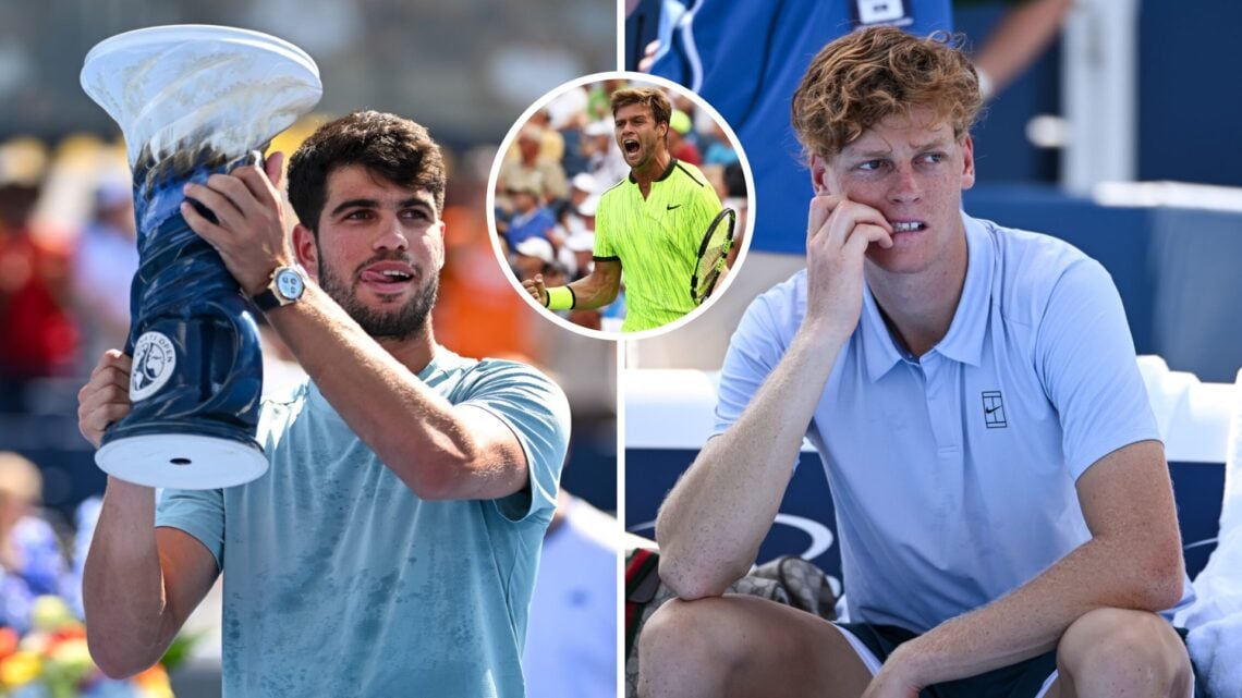 Main left: Carlos Alcaraz lifts the Cincinnati Open trophy. Main right: Jannik Sinner biting is nails. Inset top middle: Ryan Harrison celebrates.