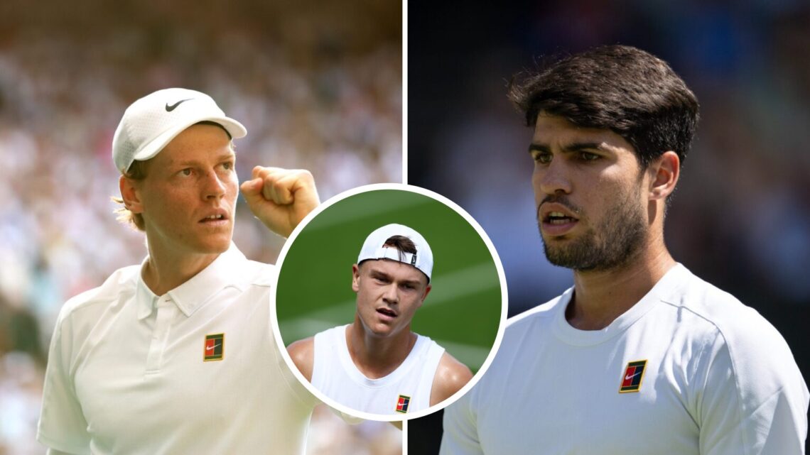 Main: Carlos Alcaraz and Jannik Sinner in action at Wimbledon. Inset: Holger Rune reacts at Wimbledon during a practice session
