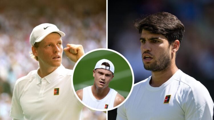 Main: Carlos Alcaraz and Jannik Sinner in action at Wimbledon. Inset: Holger Rune reacts at Wimbledon during a practice session