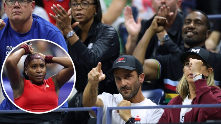 Main: Coco Gauff's team watch her play at the 2025 US Open. Inset: Coco Gauff reacts during her first match at the 2025 US Open