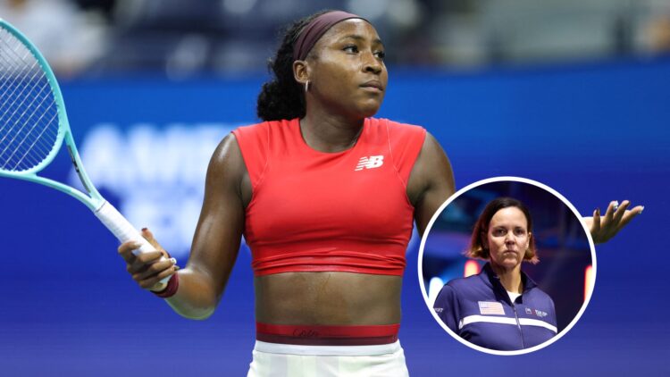 Coco Gauff (middle) shrugs her shoulders and Lindsay Davenport (bottom right) in a circle overlay