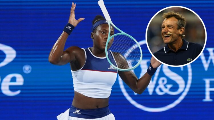Coco Gauff (middle) throws her racket and Mats Wilander (top right) laughs in a circle overlay