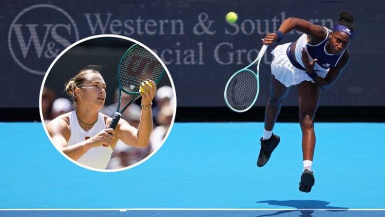 Main: Coco Gauff hits a serve. Inset left: Aryna Sabalenka prepares to hit a serve.
