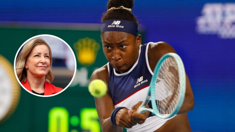 Main: Coco Gauff hits a backhand. Inset left; Chris Evert looks on.