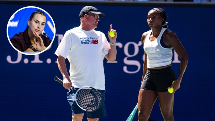Main: Gavin MacMillan coaching Coco Gauff. Inset top left: Aryna Sabalenka listens to a question.