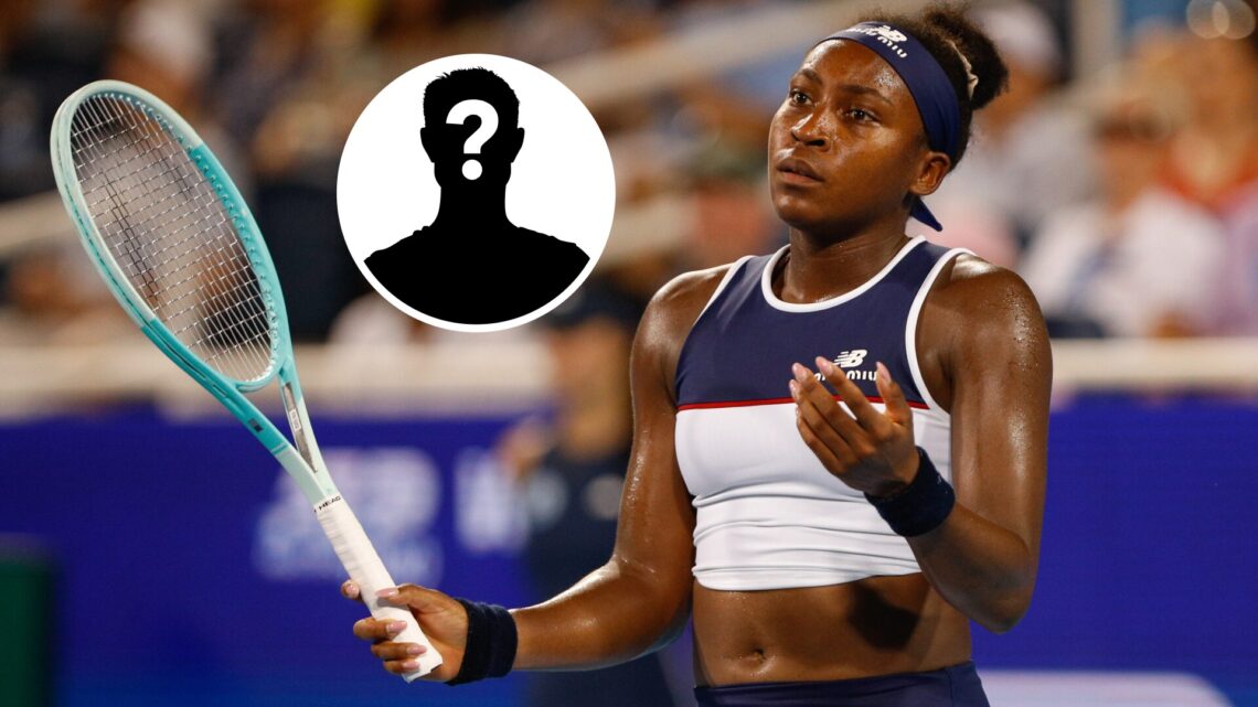 Main: Coco Gauff looks on in frustration. Inset top middle left: Mystery overlay.