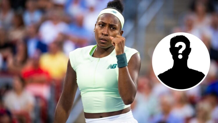 Main: Coco Gauff fist pumps in celebration. Inset right: Mystery Overlay.