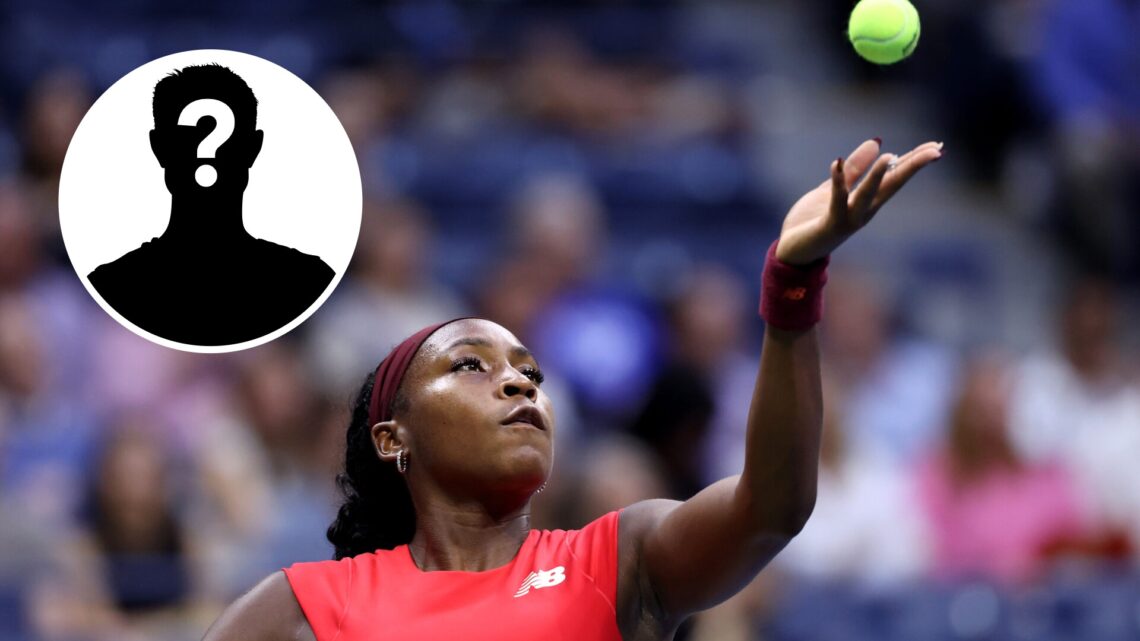 Main: Coco Gauff tosses the ball for a serve. Inset top left: Mystery Overlay.