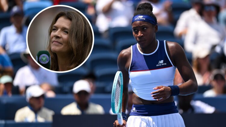 Main: Coco Gauff celebrates winning a point at the 2025 Cincinnati Open. Inset: Annabel Croft ready to conduct an interview at the Wimbledon Champi...
