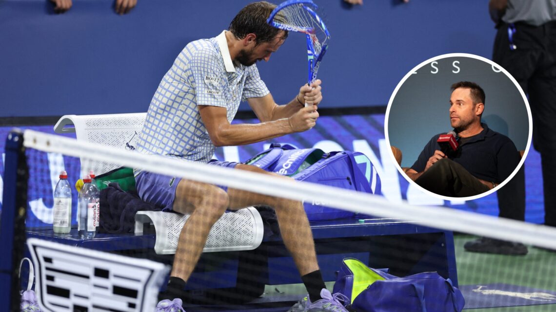 Main: Daniil Medvedev smashing his racquet. Inset right: Andy Roddick speaking into a handheld microphone.