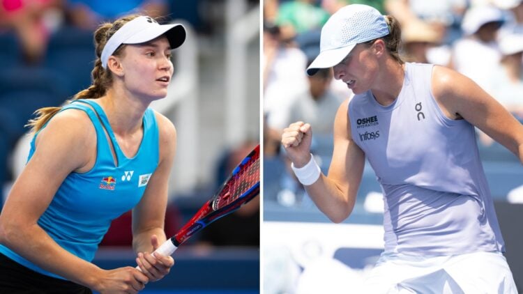 Elena Rybakina (left) readies herself and Iga Swiatek (right) pumps her fist