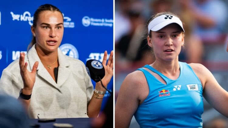 Left image: Aryna Sabalenka speaks to the media at the Cincinnati Open. Right image: Elena Rybakina fist pumps at the Canadian Open.